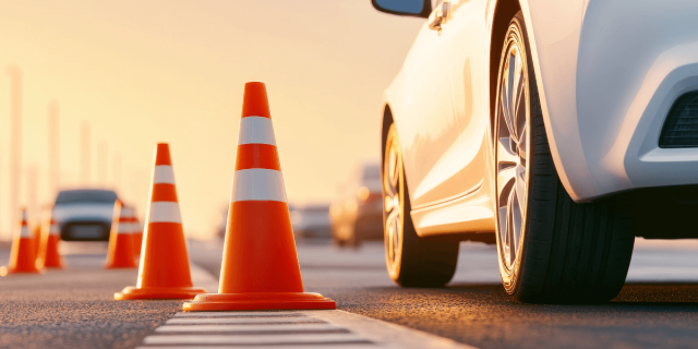 Auto estacionado junto a un cono vial representando su compromiso con la seguridad vial 