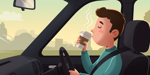 Hombre tomando un café tranquilo mientras maneja seguro por la ciudad 