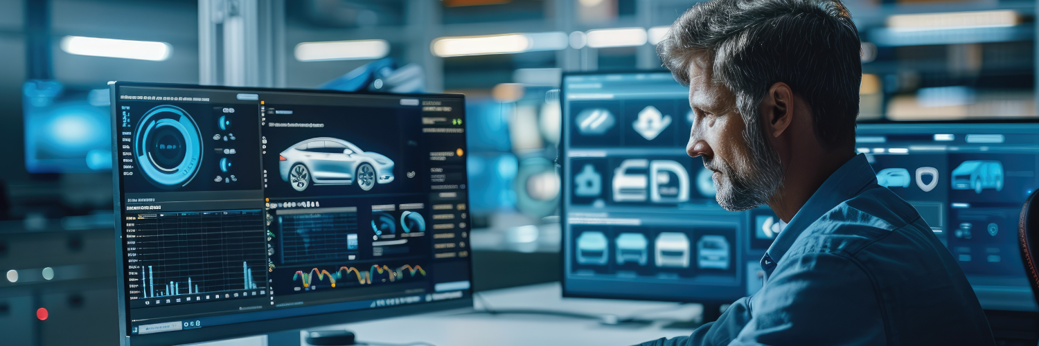 Hobre revisa datos y estado de vehículo en un computador
