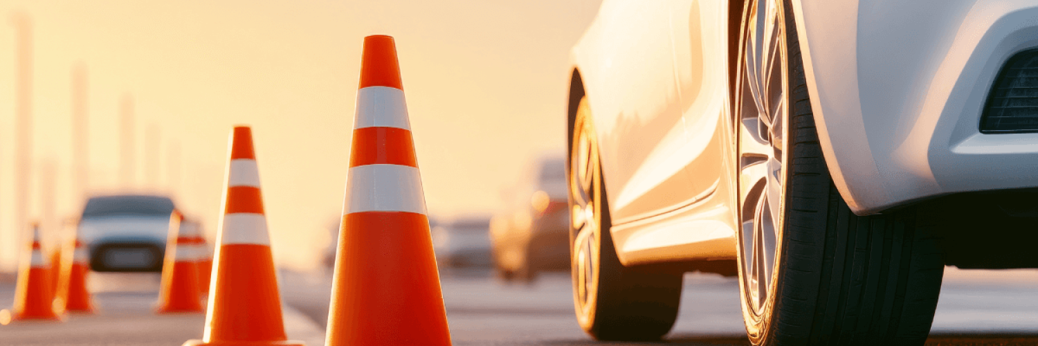 Auto estacionado junto a un cono vial representando su compromiso con la seguridad vial 