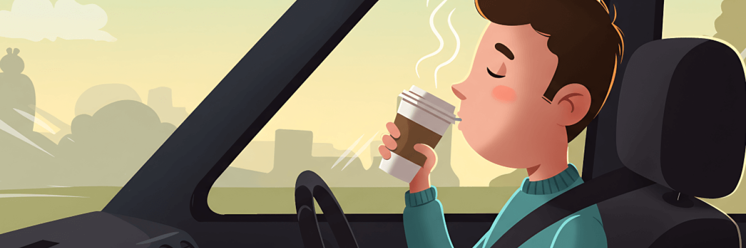 Hombre tomando un café tranquilo mientras maneja seguro por la ciudad 